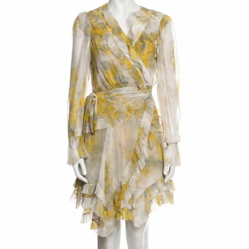 Zimmermann Yellow and Ivory Ruffled Long Sleeve Wrap Dress